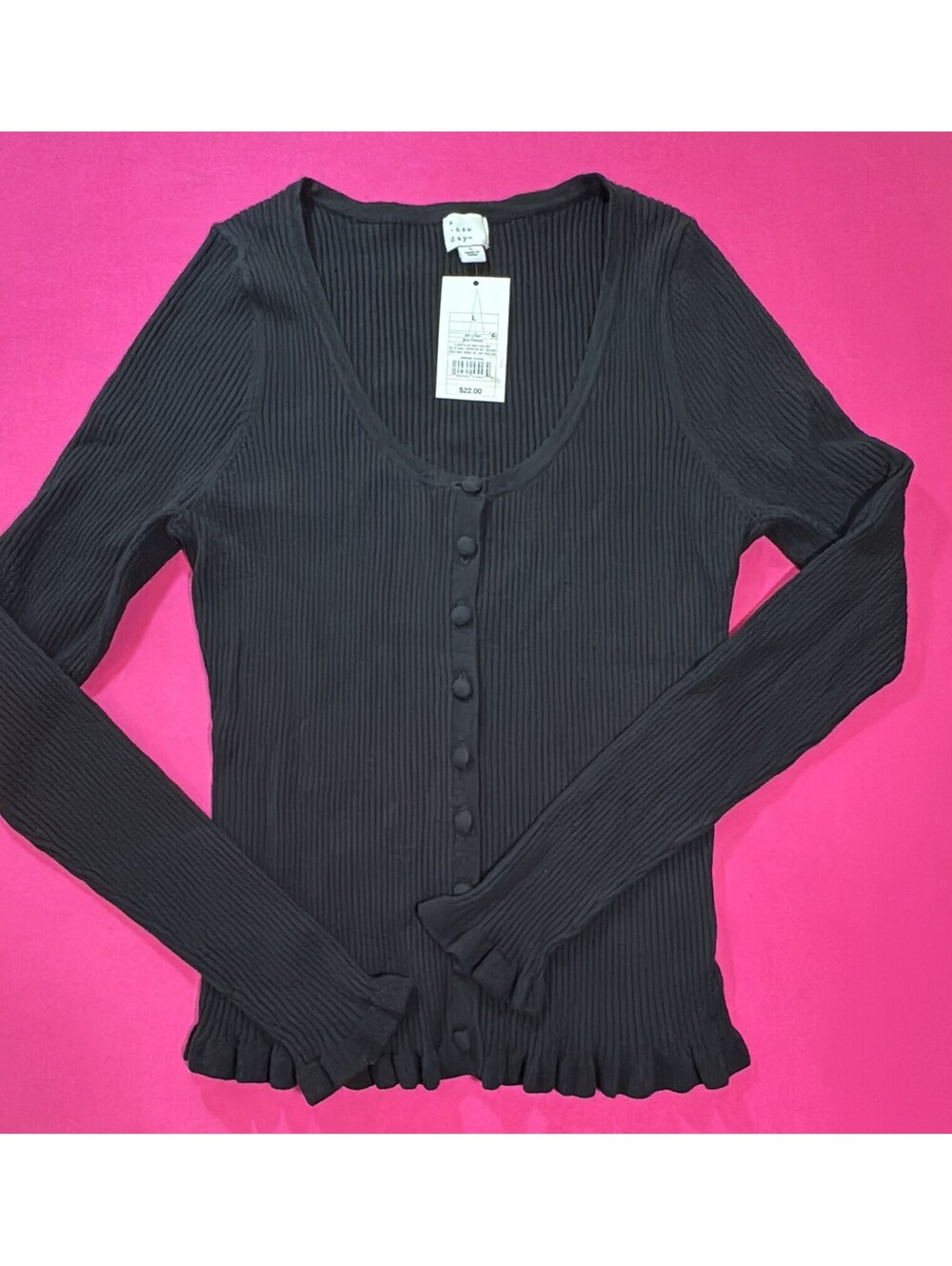 A New Day Black Ribbed Button Up Cardigan Long Sleeve Size L New